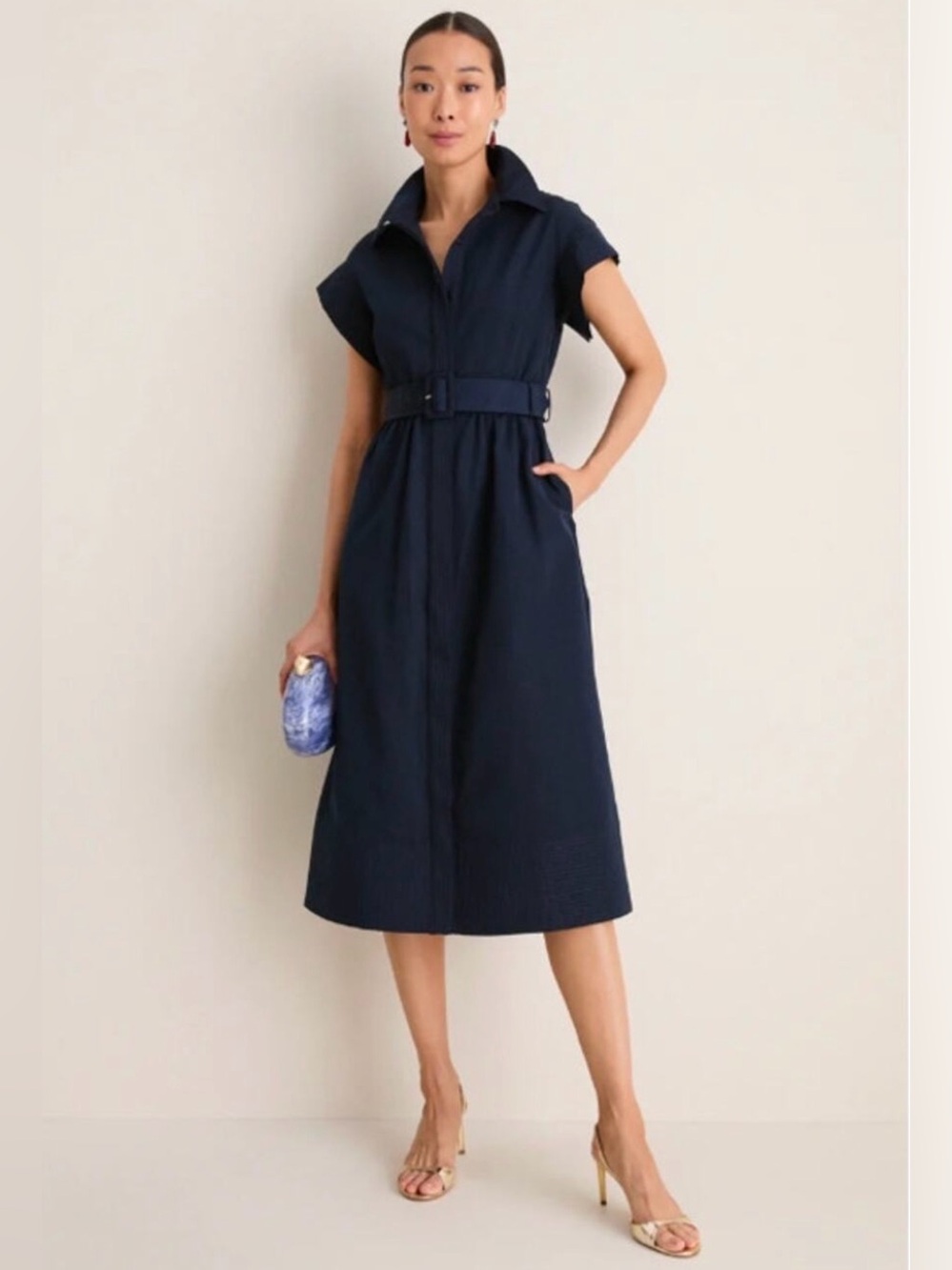NWT Tuckernuck Navy Chloe Dress Size Medium Short Sleeve Belted Career Party Mid